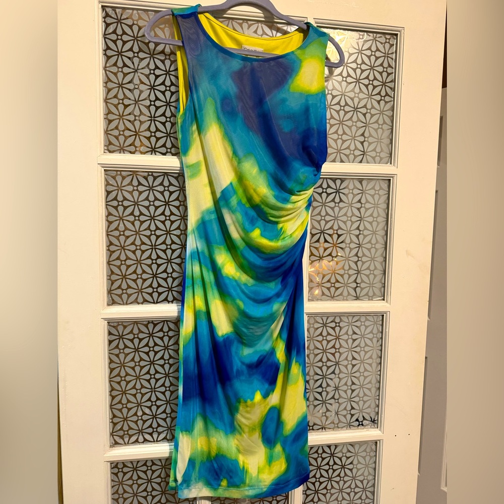Calvin Klein tie dye Blue & Yellow mesh bodycon Sleeveless Dress
